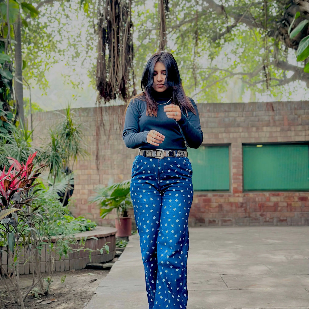 Printed Dark  Blue Jeans Slash Slub