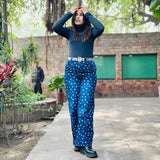 Printed Dark  Blue Jeans Slash Slub
